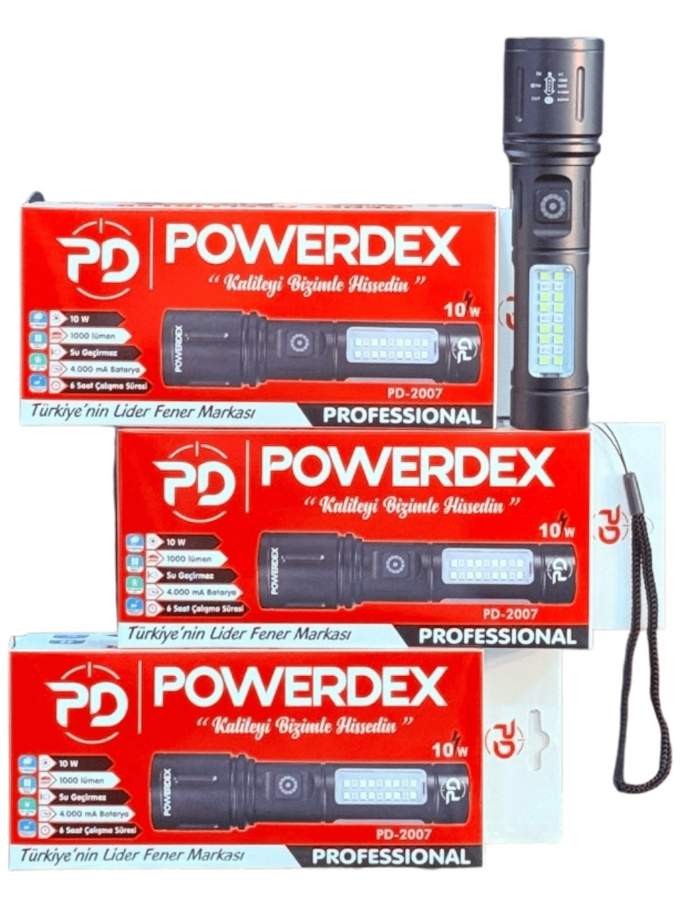 Powerdex PD-2007 10W Led 1000 Lümen Zoom Cob Yan Işık + Çakar Mod, Suya Dayanıklı Şarjlı El Feneri