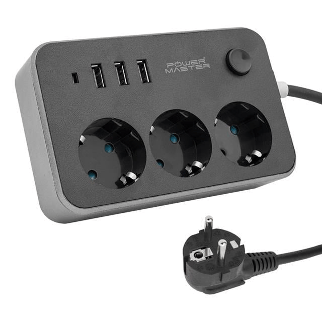 Powermaster 3 USB Çıkışlı 1.8 Metre Kablolu 3'lü Akım Korumalı Priz (10A-2500 Watt) PM-17564