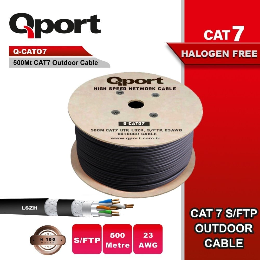 Qport Q-CAT07 S/FTP CAT7 23AWG 500mt LSOH Siyah Full Bakır Kablo