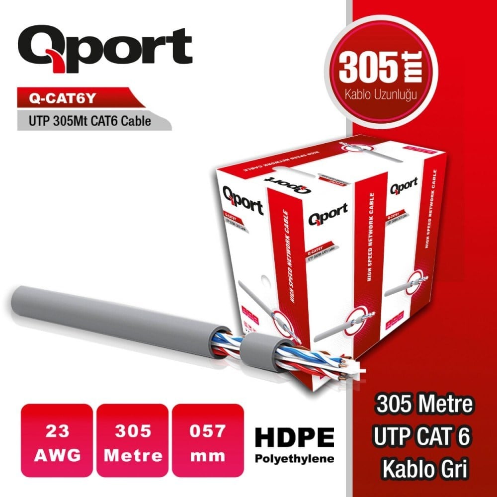 Qport Q-CAT6Y 305M UTP 23Awg PE Network Ağ Kablosu Gri