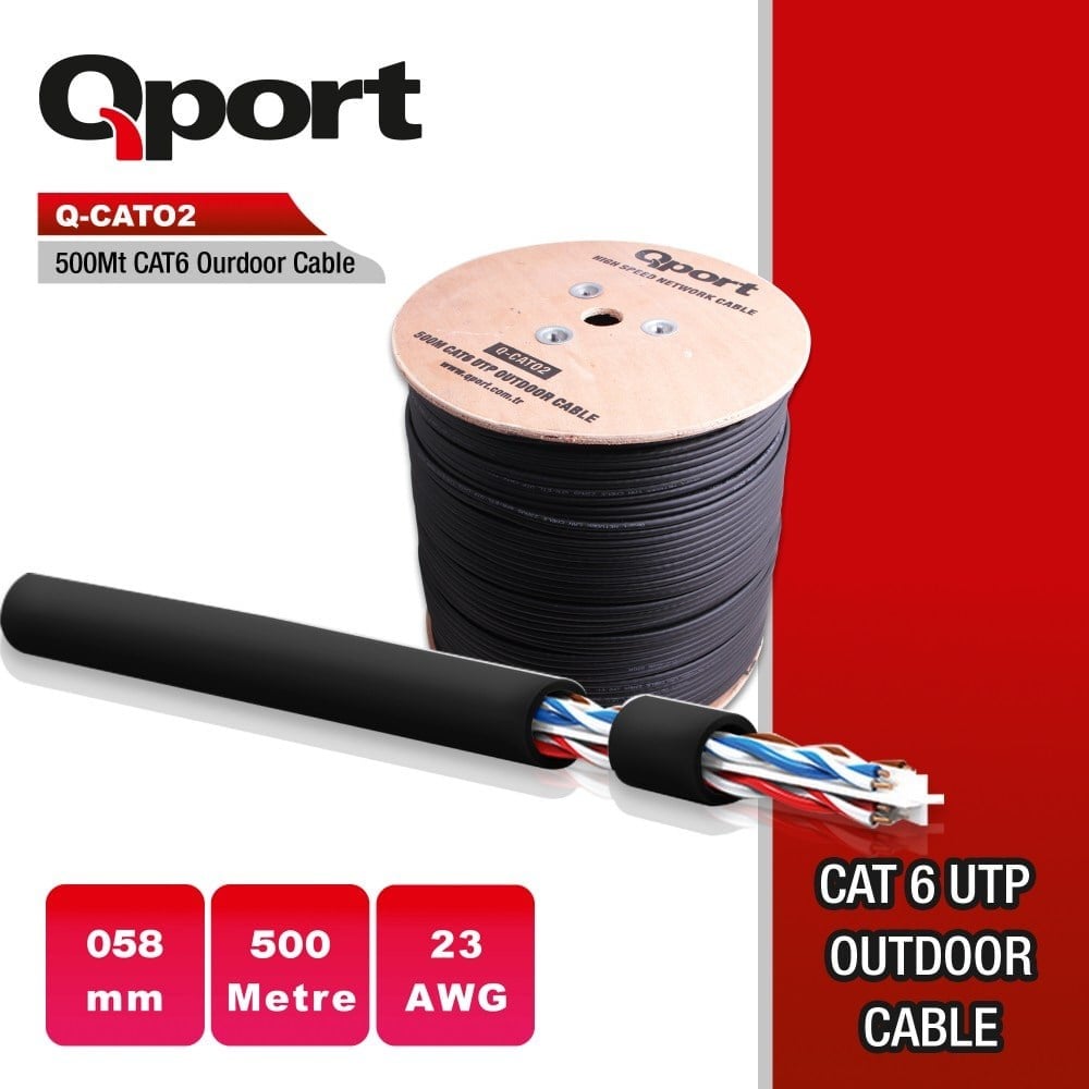 Qport Q-CATO2 CAT6 UTP 500m Outdoor Siyah Network Kablosu