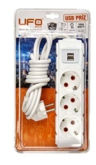 Ufo UFO0009B-USB 1.5 Metre 2 USB Li 3 Lü Anahtarlı Akım Korumalı Priz Beyaz