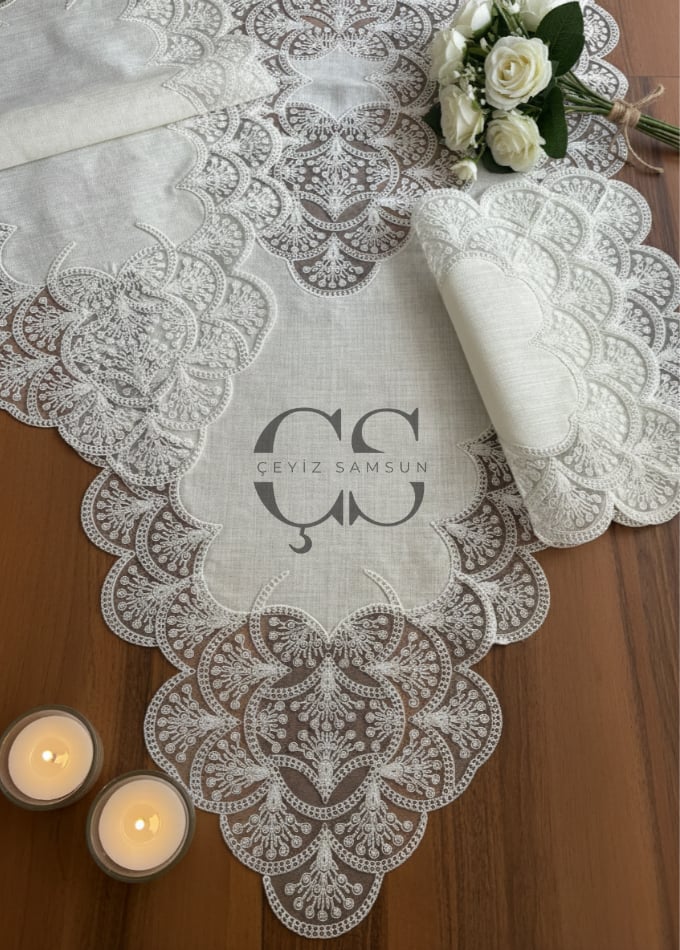 Fransız Güpürlü Salon Takımı - 5 Parça Set - Krem Güpür & Kumaş