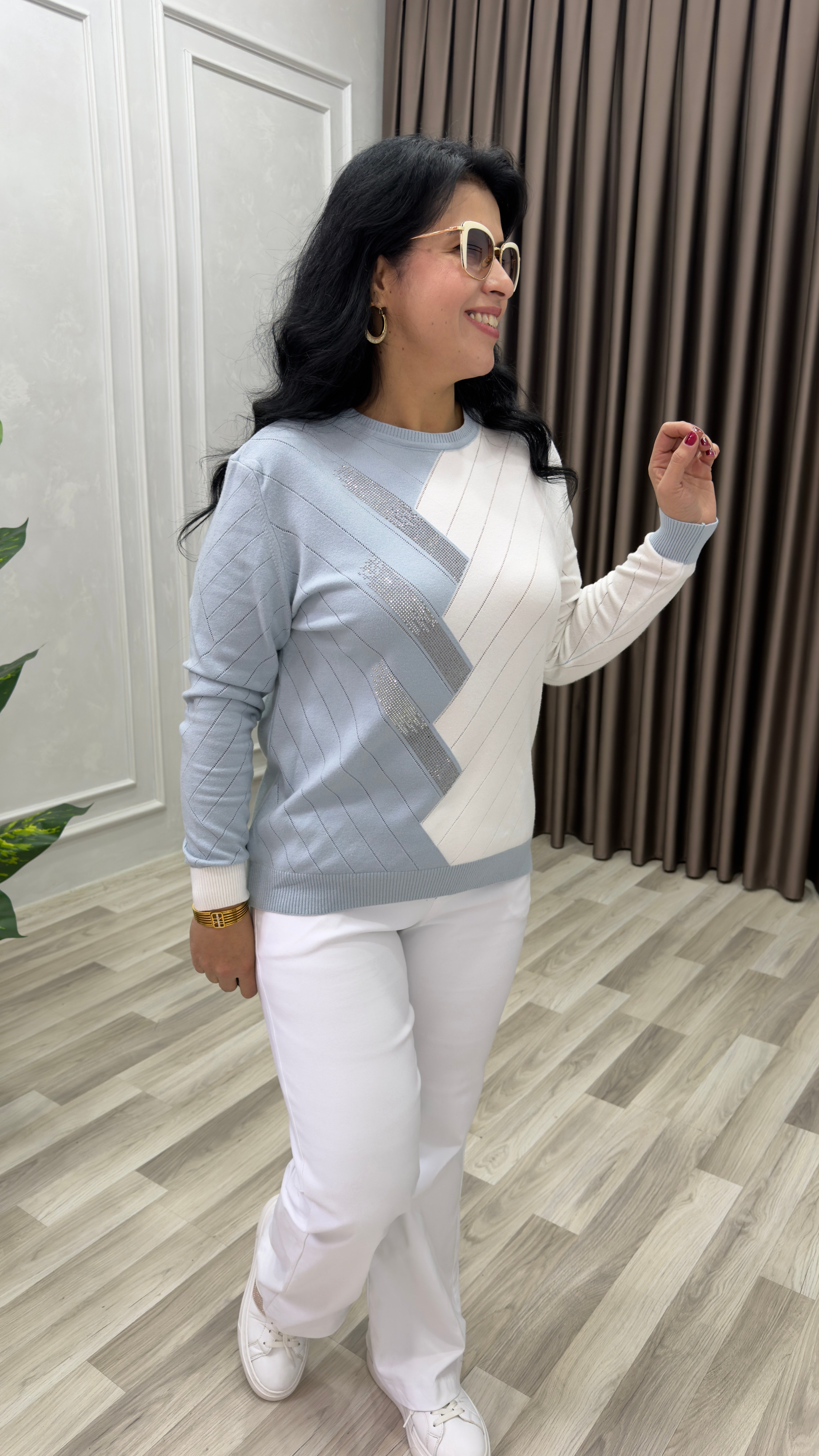 DUAL TONE KAŞMİR İPLİK TRİKO BLUZ BEBE MAVİ BEYAZ