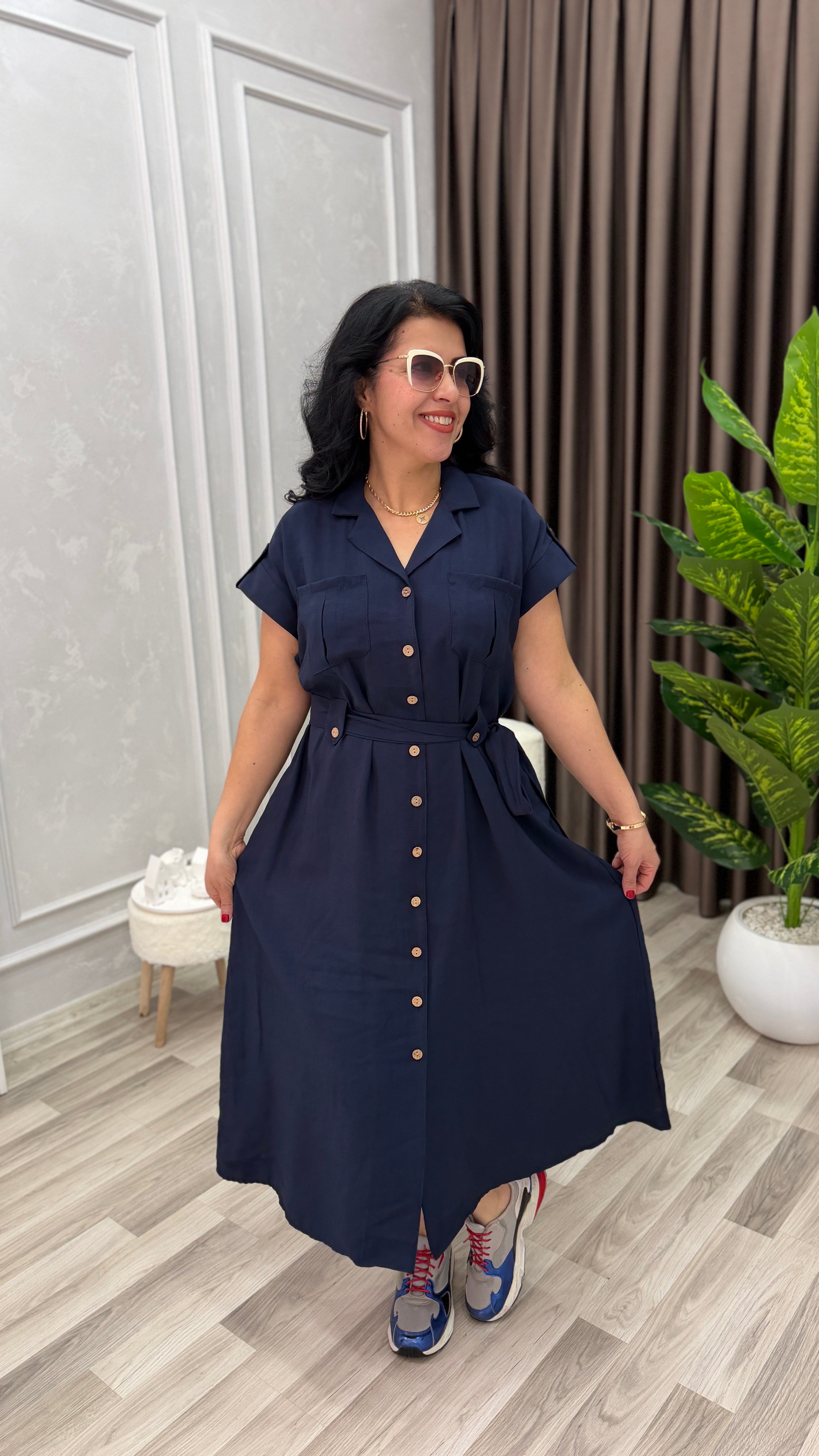 PLUS STYLE KETEN ELBİSE LACİVERT