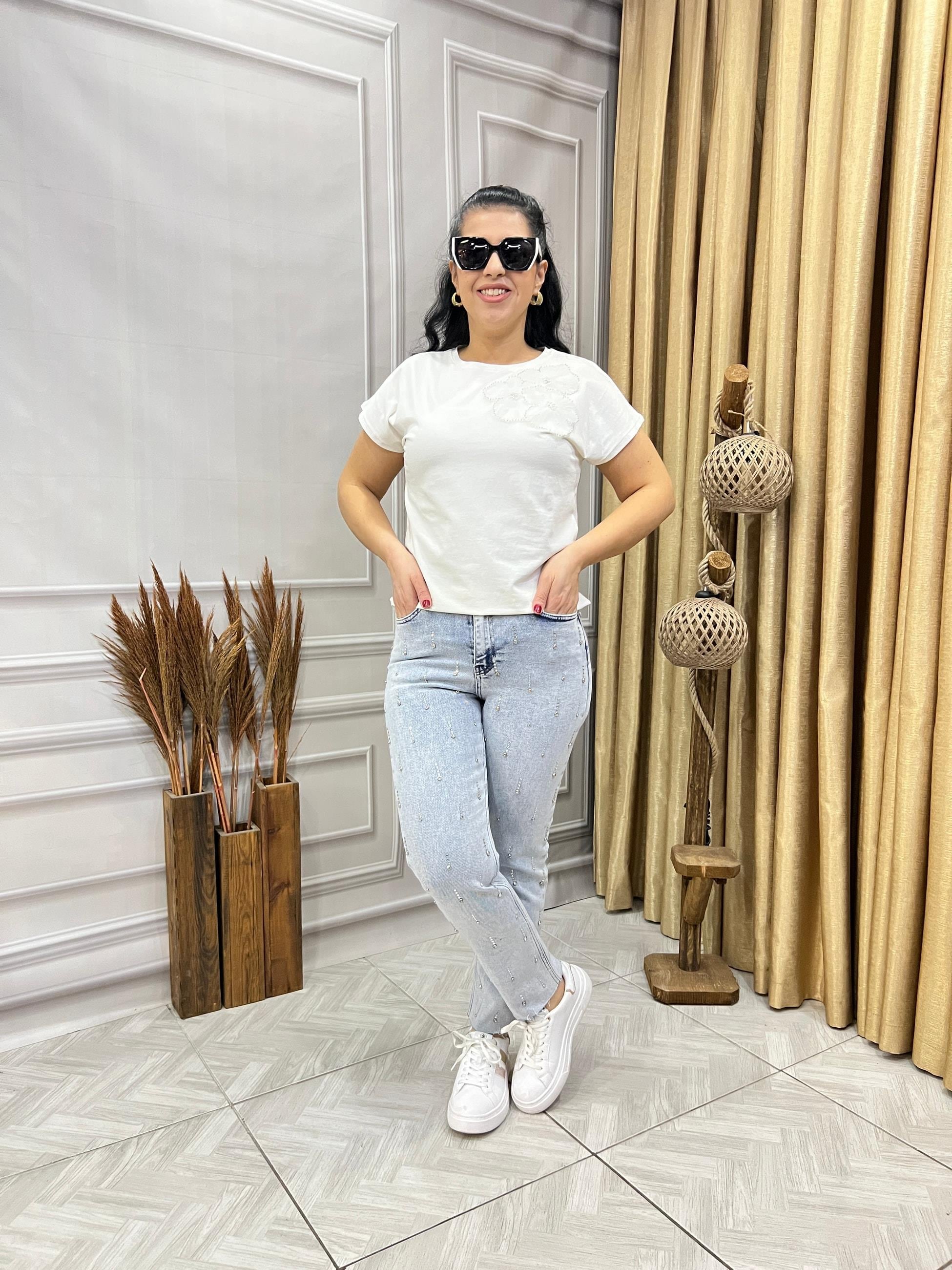SERPME TAŞ İŞLEMELİ LUX KALİTE MOM FIT JEAN