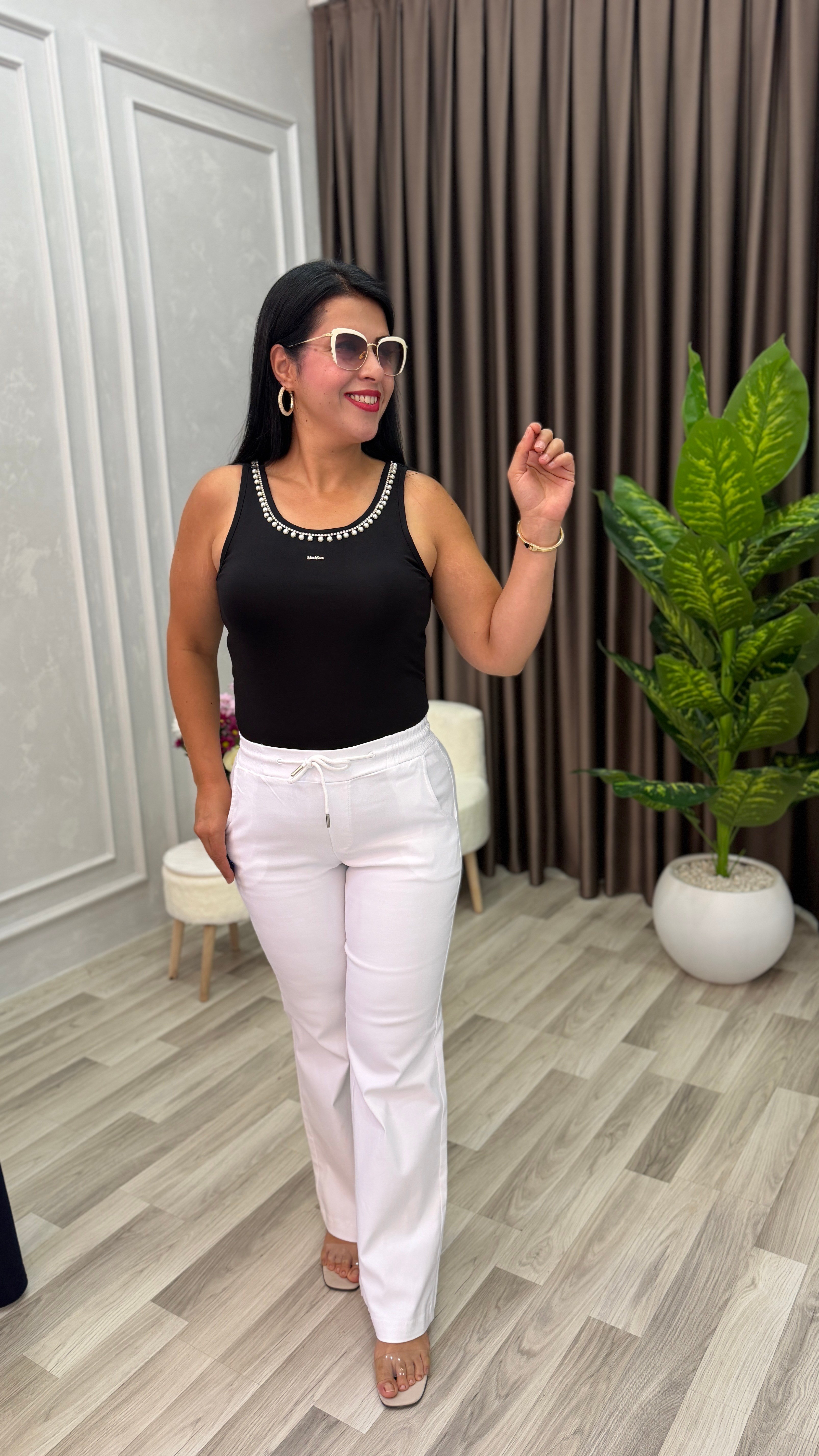 SHINE UP PALAZZO MODEL KETEN PANTOLON BEYAZ