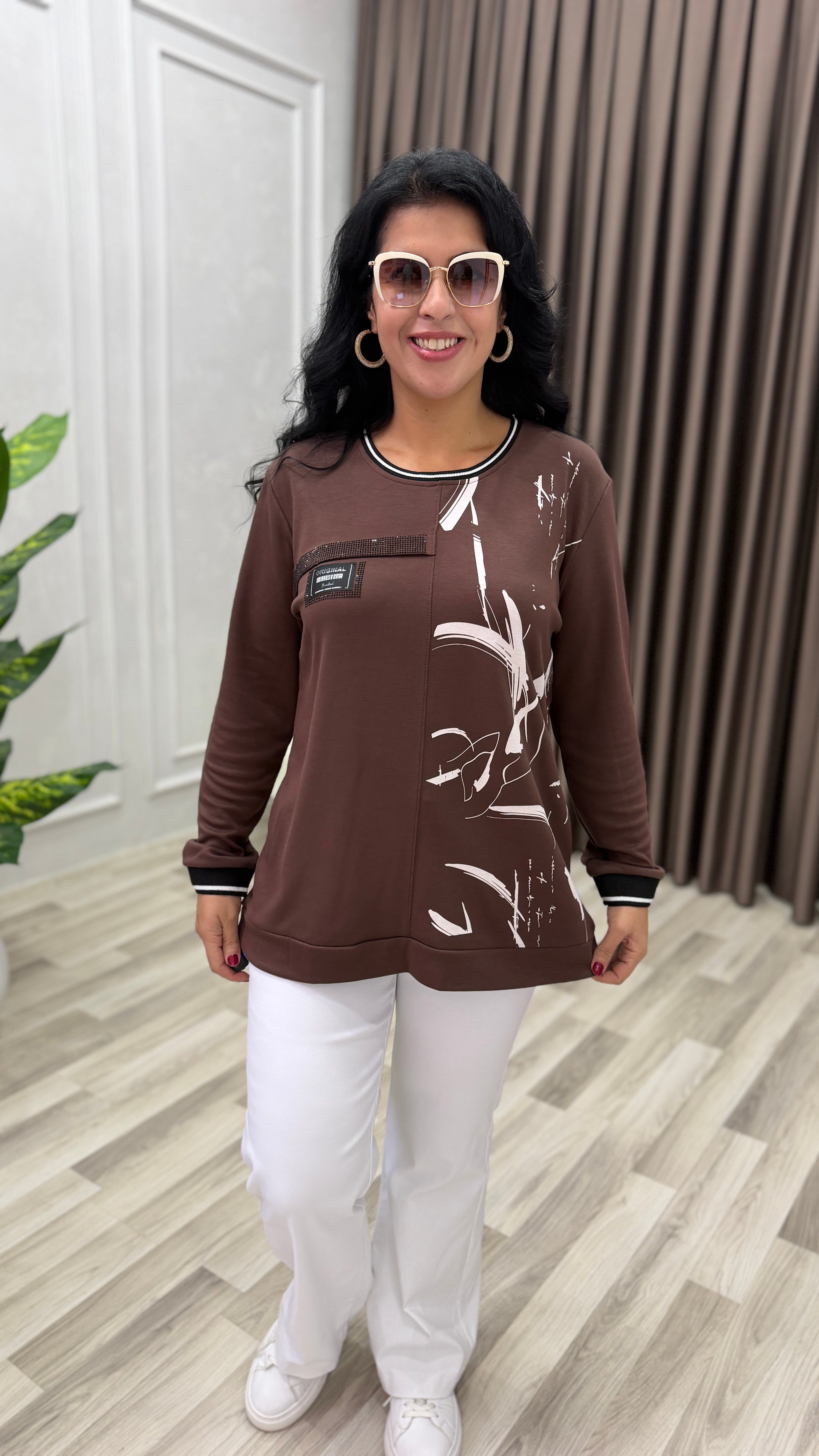 STONE CURVE TASARIM MODAL KUMAŞ SWEAT KAHVERENGİ