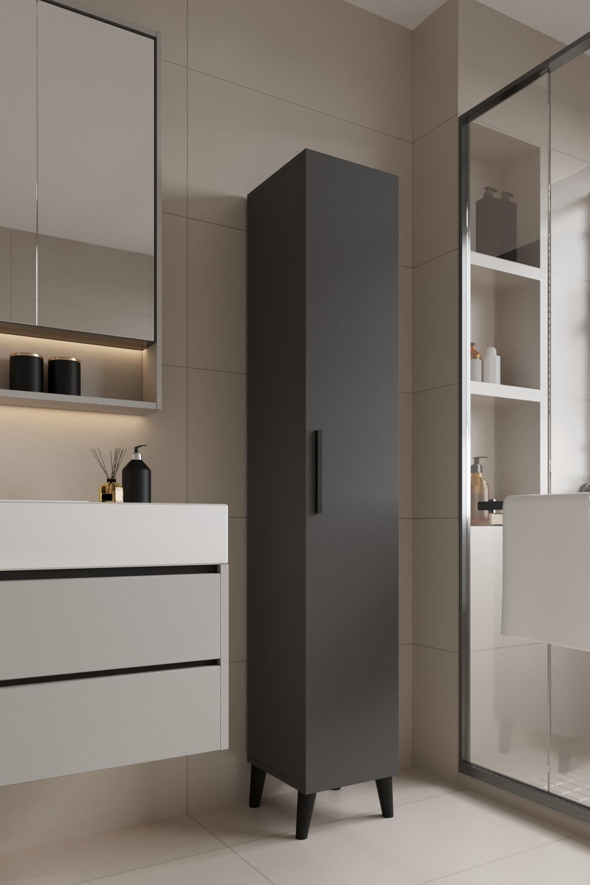 Mundo Tek Kapılı Banyo Dolabı Çok Amaçlı Dolap - Antrasit