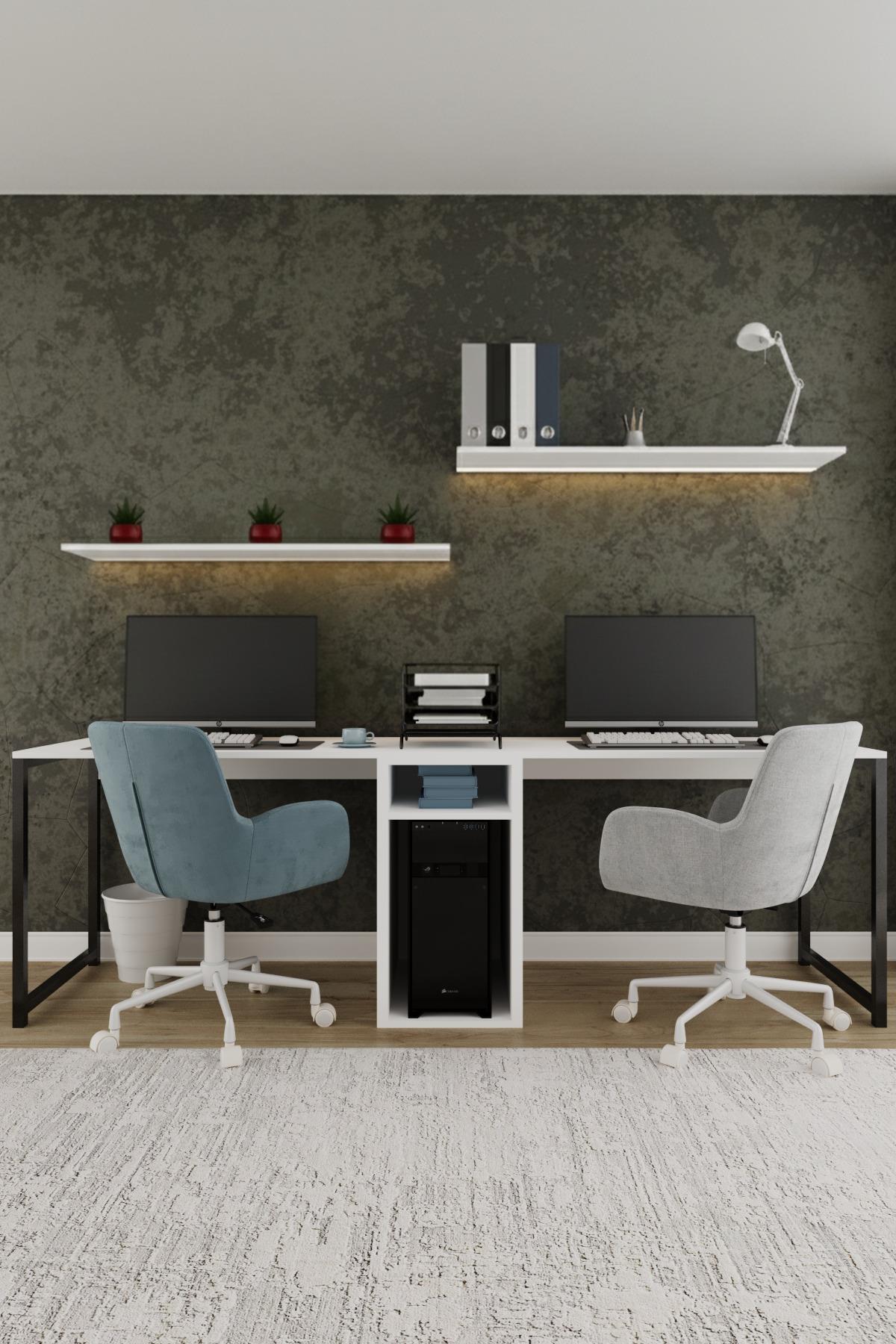 Twin 2 Kişilik Raflı Çalışma Masası Ofis Bilgisayar Masası - Beyaz