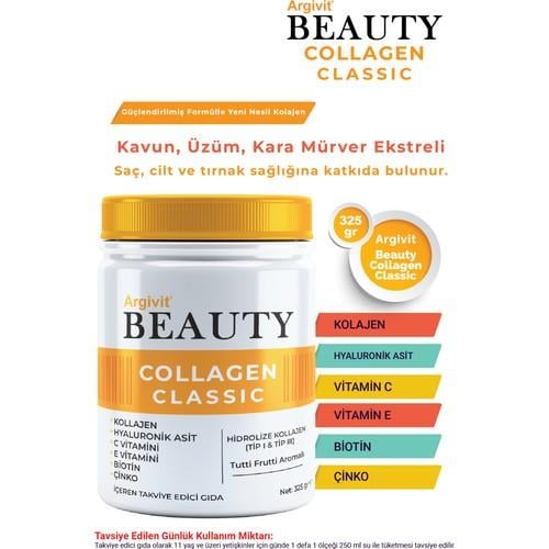 Argivit Beauty Collagen Classic Takviye Edici Gıda (Kolajen, Hyaluronik Asit, Vitamin C, Vitamin E, Biotin, Çinko, Kavun, Üzüm, Kara Mürver) 325 gr