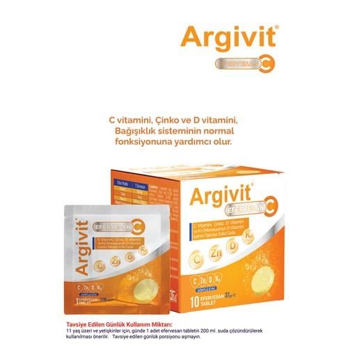 Argivit Efervesan C Tablet C Vitamini, Çinko, D Vitamini ve K2 Vitamini (Menaquinon 7) İçeren 10 Saşe