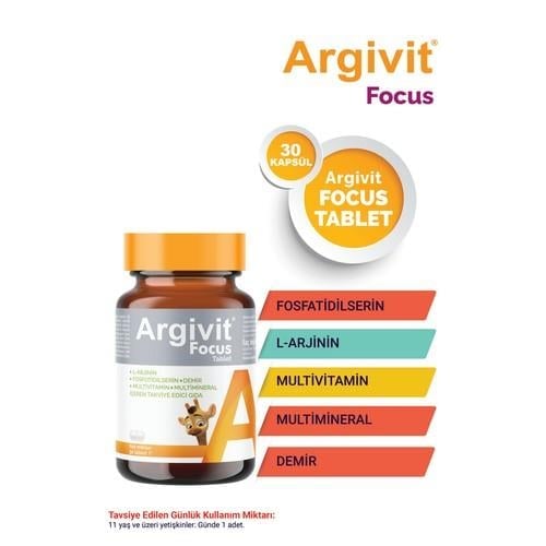 Argivit Focus L-Arjinin, Fosfotidilserin, Demir, Multivitamin ve Multimineral İçeren Tablet 30 Tablet