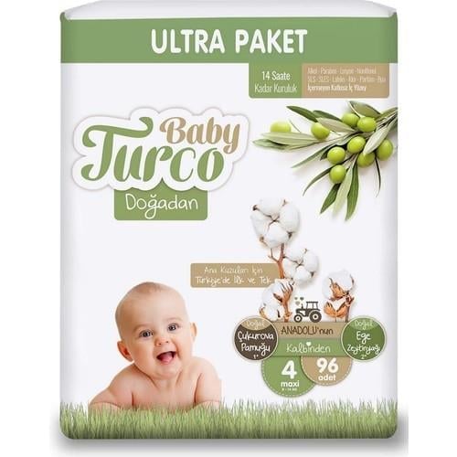 Baby Turco Doğadan Bebek Bezi Ultra Paket 4 Numara 7-14 Kg 96 Adet
