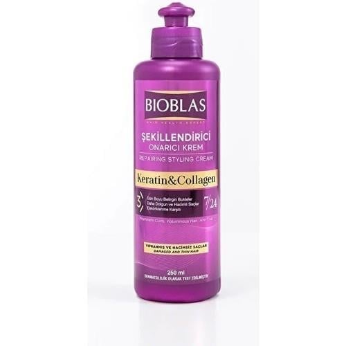Bioblas Onarıcı Şekillendirici Krem - Keratin ve Kolajen İçeren, 250 ml - Yıpranmış ve Hacimsiz Saçlar İçin Gün Boyu Belirgin Bukleler Sağlar