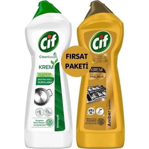 Cif Krem  Amonyaklı Yağ ve Kireç Sökücü 750 ml x1 + Cif Krem Altın Işıltısı Amber Kokulu 750 ml x1