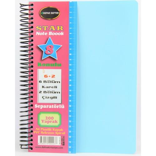Defne Star Spiralli A4 Plastik Kapak Ayraçlı Defter 6 Kareli+2 Çizgili 200 Yaprak