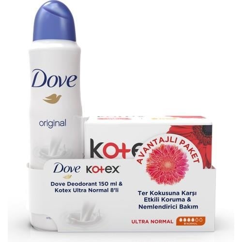 Dove Kadın Sprey Deodorant Original 150 ml + Kotex Hijyenik Ped Ultra Normal 8'li