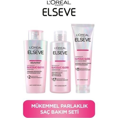 Elseve Glycolic Gloss Mükemmel Parlaklık Şampuan 200ML + Saç Kremi 150ML+ Laminasyon Bakım 200ML 3'lü Saç Bakım Seti