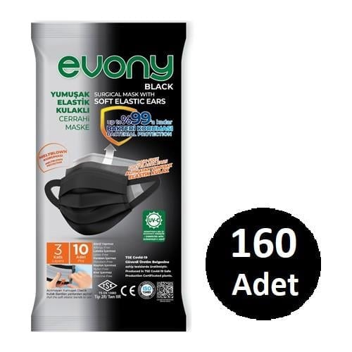 Evony Yumuşak Elastik Kulakli Cerrahi Maske Siyah 160 Adet