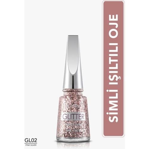Flormar Flormar-Şeffaf Bazlı ve Parıltılı Glitter Nail Enamel Simli Oje (GL02 Pembe-Gümüş) 8690604195671