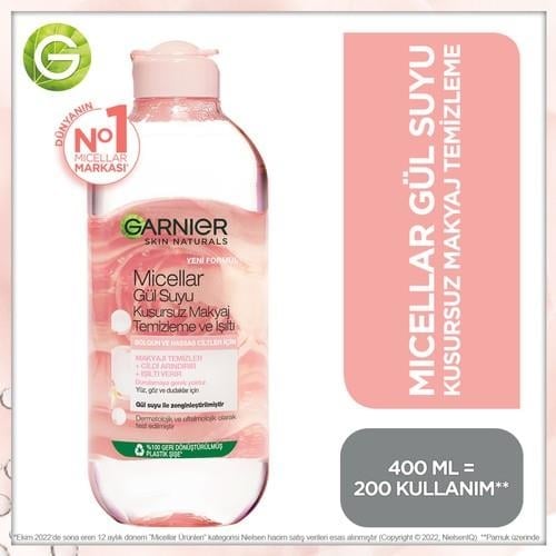 Garnier Micellar Gül Suyu Makyaj Temizleme Suyu 400 ml Hassas Ciltlere Arındırıcı ve Işıltı Etkili