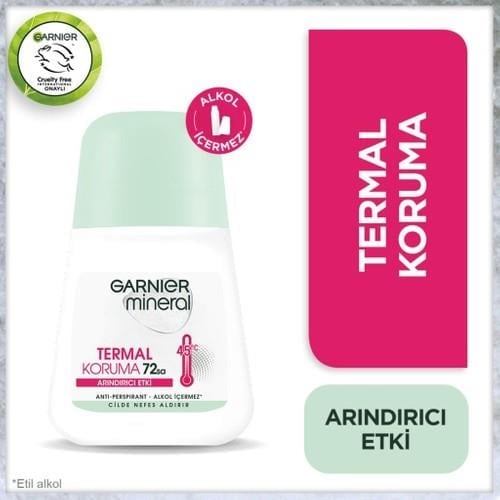 Garnier Mineral Roll-On Deodorant - 72 Saat Etkili, Ferah Koku ve Termal Koruma, Kadınlar için Pudrasız, 50 ml (Tekli)