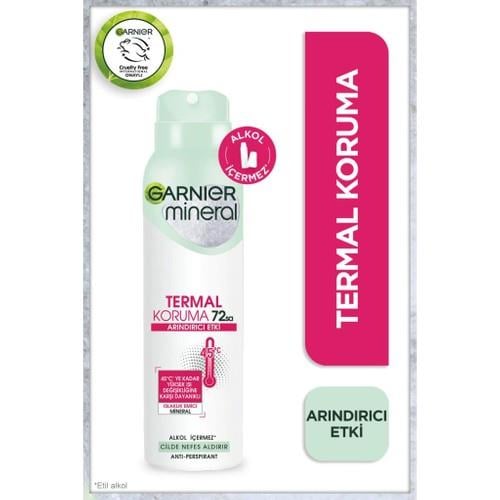 Garnier Mineral Termal Koruma Sprey Deodorant - Ferah ve Uzun Süre Kalıcı Koku, Kadınlar İçin, 72 Saat Etkili, Hızla Kuruyan, Alkol İçermez, 150 ml