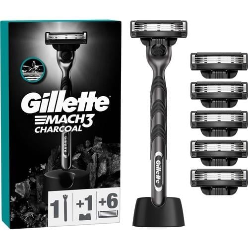 Gillette Mach3 Charcoal Tıraş Makinesi ve Yedek Bıçağı 6'lı + Tıraş Bıçağı Standı