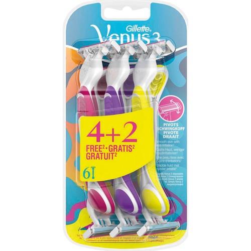 Gillette Venus 3 Renkli Kadınlar için Tek Kullanımlık Tıraş Bıçağı - Pürüzsüz Kayma ve Az Tahriş, 6'lı Paket
