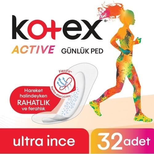 Kotex Active Ultra İnce Günlük Ped 32 Adet Flexfit Teknolojisi ile Konforlu Kullanım
