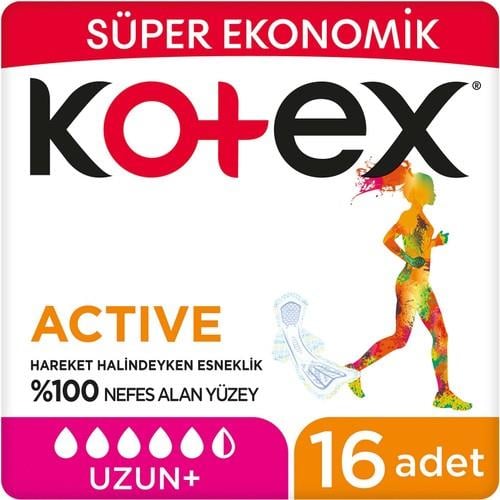 Kotex Hijyenik Ped Active Uzun Süper Ekonomik 16'lı Nefes Alan Yüzey ile Gün Boyu Konfor