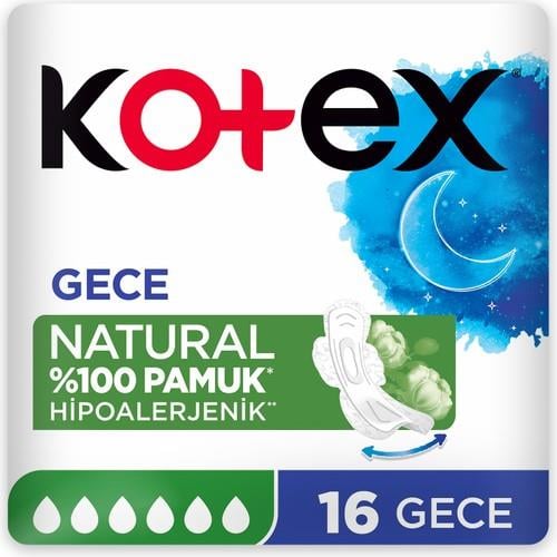 Kotex Natural Gece Ped Hipoalerjenik %100 Pamuk 16 Adet Sızıntı Önleyici Özellik