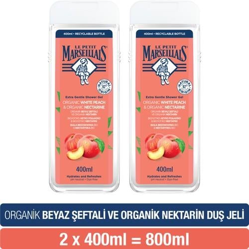 Le Petit Marseillais Organik Beyaz Şeftali ve Nektarin Duş Jeli 2x400 ml – Hassas Ciltler için Nemlendirici Bakım
