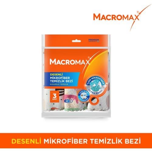 Macromax Desenli Mikrofiber Temizlik Bezi 3'lü Paket, Ultra Emici Toz Alıcı Çok Amaçlı Bez