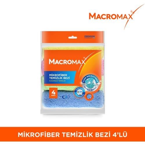 Macromax Mikrofiber Temizlik Bezi 4'lü Paket, Çok Amaçlı Toz Alma ve Yüzey Silme Bezi