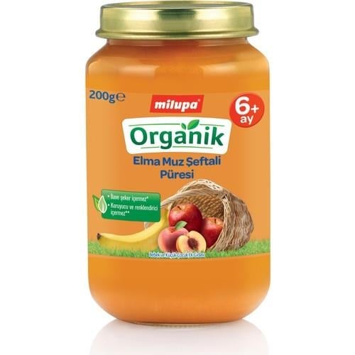 Milupa Organik Elma Muz Şeftali Püresi Kavanoz 200 g 6+ Ay