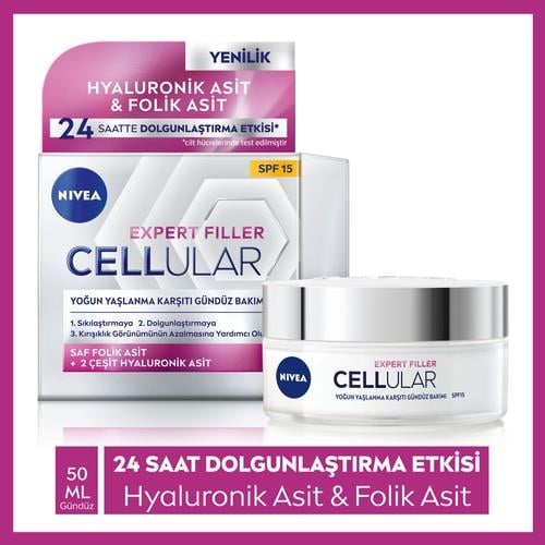 NIVEA Cellular Expert Filler Yoğun  Gündüz Bakım Yüz Kremi 50ml,Hyaluronik Asit ve Folik Asit, SPF15 Güneş Koruması