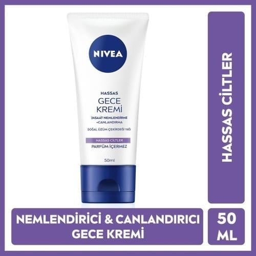 Nivea Hassas Ciltler İçin 24 Saat Nemlendirici Gece Bakım Kremi 50ml, Doğal Üzüm Çekirdeği, Canlandırıcı