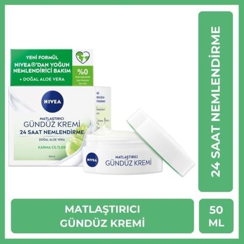 Nivea Matlaştırıcı Gündüz Yüz Bakım Kremi 50ML, 24 Saat Yoğun Nemlendirici, Karma Ciltler, Aloe Vera