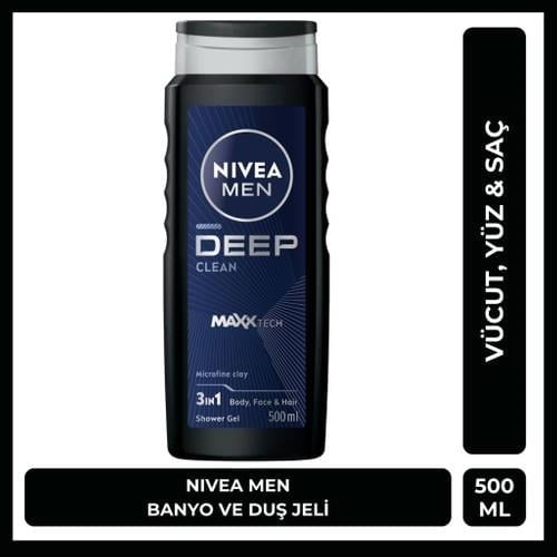 NIVEA MEN Deep Dimension Erkek Duş Jeli 500ml; 3ü1 Arada Vücut; Saç ve Yüz için Pratik Kullanım