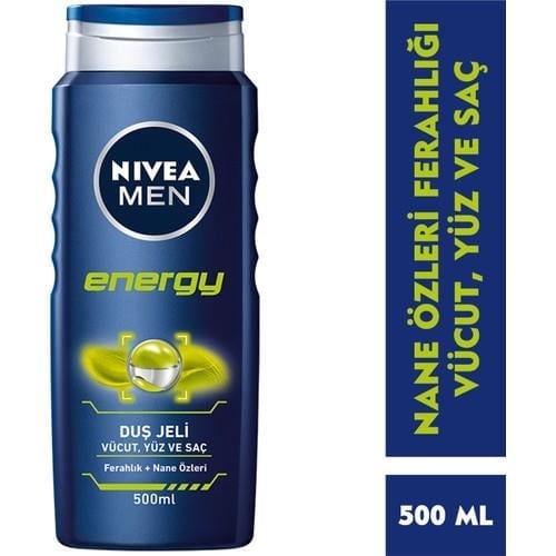 NIVEA Men Energy Duş Jeli 500ml; 3'ü 1 Arada Komple Bakım; Vücut; Saç ve Yüz için; Nane Özleri ile 24 Saat Ferah Cilt Hissi