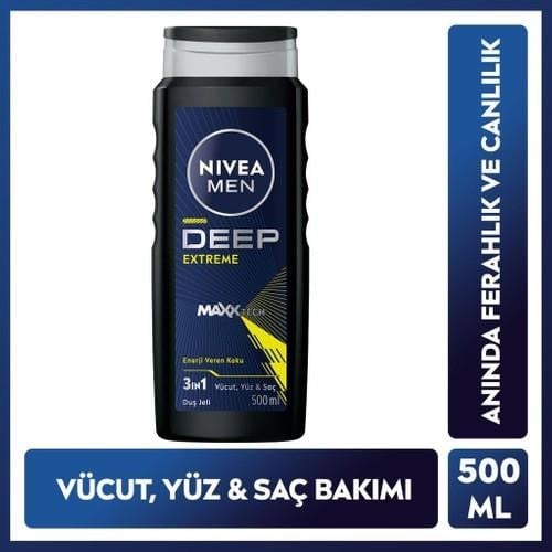 Nivea Men Erkek Deep Extreme Duş Jeli 500ML, 3'ü 1 Arada Komple Bakım, Vücut, Saç ve Yüz Için, Ferahlık