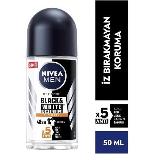 NIVEA Men Erkek Roll On Deodorant Black&White Invisible Güçlü Etki 50ml; Ter ve Ter Kokusuna Karşı 48 Saat Anti-perspirant ; İz Bırakmayan Formül