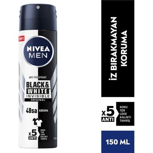 NIVEA Men Erkek Sprey Deodorant Black&White Invisible Original Ter ve Ter Kokusuna Karşı 48 Saat Anti-perspirant  150ml