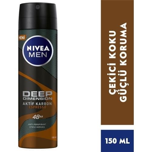 NIVEA MEN Erkek Sprey Deodorant Deep Dimension Espresso 150ml, 48 Saat Anti-perspirant Koruma