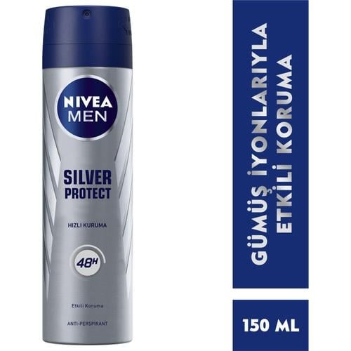 NIVEA Men Erkek Sprey Deodorant Silver Protect 150 ml; Ter ve Ter Kokusuna Karşı 48 Saat Anti-perspirant