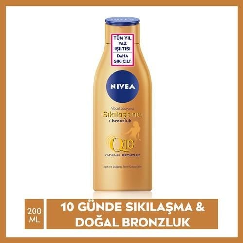 NIVEA Q10 Sıkılaştırıcı ve Bronzluk Vücut Losyonu 200ml,10 Günde Sıkılaştırıcı Krem,Doğal Bronzluk,Açık & Buğday Tenli Cilt