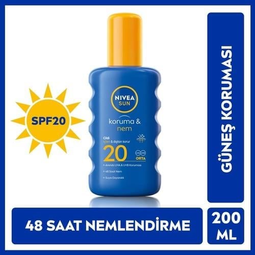 NIVEA Sun SPF20 Güneş Koruyucu & 48 Nemlendirici Güneş Kremi 200 ml Sprey;Anında UVA/UVB Koruması