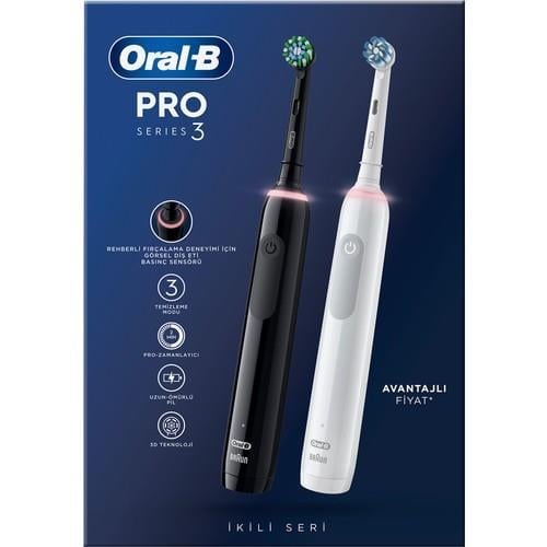 Oral-B Pro 3 - 3900 - Siyah Beyaz 2'li Elektrikli Diş Fırçası Seti